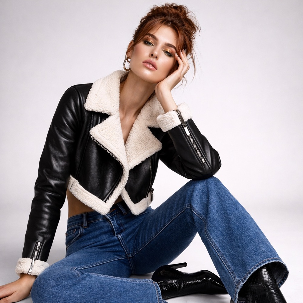 Fashion Nova Faux Leather Sherpa-Lined Moto Jacket - Size XS